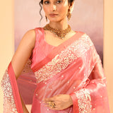 Soft Pink Tissue Embroidered Saree