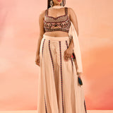 Champagne Peach Floral Print Organza Choli Set
