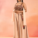 Champagne Peach Floral Print Organza Choli Set