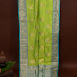 Lime Green Gold Zari Meenakari Peacock Butti Pure Silk Banarasi Saree With Contrast Teal Paisley Pallu