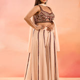 Champagne Peach Floral Print Organza Choli Set