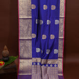 Royal Blue Gold Zari Floral Bouquet Butti Pure Silk Kanjivaram Saree With Contrast Magenta Border And Heavy Gold Pallu