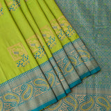 Lime Green Gold Zari Meenakari Peacock Butti Pure Silk Banarasi Saree With Contrast Teal Paisley Pallu