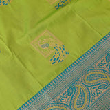 Lime Green Gold Zari Meenakari Peacock Butti Pure Silk Banarasi Saree With Contrast Teal Paisley Pallu