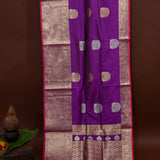 Violet Purple Dual Tone Zari Floral Peacock Butti Pure Silk Banarasi Saree With Heavy Gold Geometric Pallu