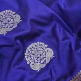 Royal Blue Gold Zari Floral Bouquet Butti Pure Silk Kanjivaram Saree With Contrast Magenta Border And Heavy Gold Pallu