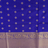 Royal Blue Gold Zari Floral Bouquet Butti Pure Silk Kanjivaram Saree With Contrast Magenta Border And Heavy Gold Pallu