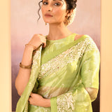 Pear Green Tissue Embroidered Saree