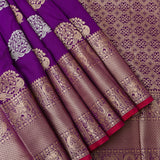 Violet Purple Dual Tone Zari Floral Peacock Butti Pure Silk Banarasi Saree With Heavy Gold Geometric Pallu