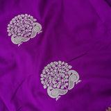 Violet Purple Dual Tone Zari Floral Peacock Butti Pure Silk Banarasi Saree With Heavy Gold Geometric Pallu