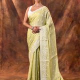 Pastel Lime Green Floral Silk Blend Saree