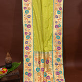 Green Banarasi Silk Saree With Paithani Floral Weave Pallu & Gold Zari Border