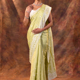 Pastel Lime Green Floral Silk Blend Saree
