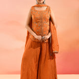 Sunset Orange Floral Jaal Embroider Straight Cut Set