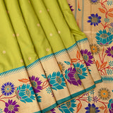 Green Banarasi Silk Saree With Paithani Floral Weave Pallu & Gold Zari Border