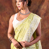 Pastel Lime Green Floral Silk Blend Saree