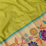 Green Banarasi Silk Saree With Paithani Floral Weave Pallu & Gold Zari Border