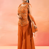 Sunset Orange Floral Jaal Embroider Straight Cut Set