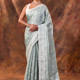 Grey Floral Silk Blend Saree