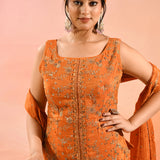 Sunset Orange Floral Jaal Embroider Straight Cut Set