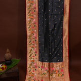 Black Paithani Silk Saree With Lotus, Swan & Floral Weave Pallu & Red Contrast Border