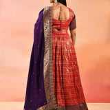 Coral With Purple Floral Meenakari Border Dupatta Banarasi Silk Lehenga