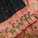 Black Paithani Silk Saree With Lotus, Swan & Floral Weave Pallu & Red Contrast Border