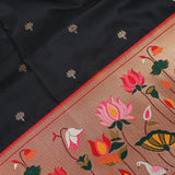 Black Paithani Silk Saree With Lotus, Swan & Floral Weave Pallu & Red Contrast Border