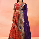 Coral With Purple Floral Meenakari Border Dupatta Banarasi Silk Lehenga