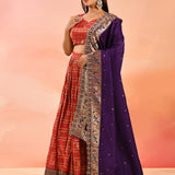 Coral With Purple Floral Meenakari Border Dupatta Banarasi Silk Lehenga