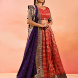Coral With Purple Floral Meenakari Border Dupatta Banarasi Silk Lehenga