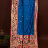 Royal Blue Paithani Silk Saree With Lotus, Bird & Floral Weave Pallu & Gold Zari Border