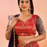 Coral With Purple Floral Meenakari Border Dupatta Banarasi Silk Lehenga