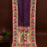 Deep Purple Gold Zari Butti Paithani Saree With Multi-Color Floral Border