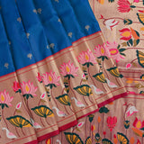 Royal Blue Paithani Silk Saree With Lotus, Bird & Floral Weave Pallu & Gold Zari Border
