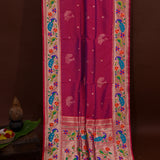 Pink Silver Zari Peacock Butti Paithani Silk Saree With Multicolour Peacock Floral Pallu