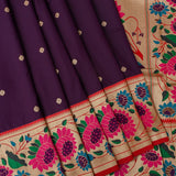 Deep Purple Gold Zari Butti Paithani Saree With Multi-Color Floral Border