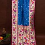 Bright Blue Gold Zari Butti Paithani Saree With Multi-Color Lotus Border