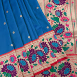 Bright Blue Gold Zari Butti Paithani Saree With Multi-Color Lotus Border