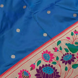 Bright Blue Gold Zari Butti Paithani Saree With Multi-Color Lotus Border