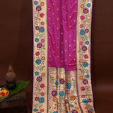 Magenta And Gold Paithani Woven Pure Silk Saree With Multicolour Floral Vine Border And Pallu