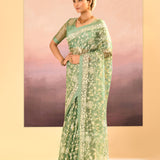 Soft Basil Green Tissue Embroidered Saree