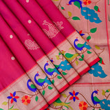 Pink Silver Zari Peacock Butti Paithani Silk Saree With Multicolour Peacock Floral Pallu