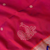 Pink Silver Zari Peacock Butti Paithani Silk Saree With Multicolour Peacock Floral Pallu