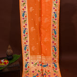 Vibrant Orange Paithani Weave Saree With Gold Zari Peacock Border