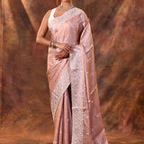 Pastel Brown Floral Embroidered Silk Blend Saree