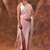 Pastel Brown Floral Embroidered Silk Blend Saree