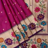 Magenta And Gold Paithani Woven Pure Silk Saree With Multicolour Floral Vine Border And Pallu