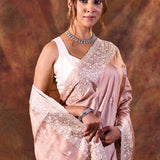 Pastel Brown Floral Embroidered Silk Blend Saree