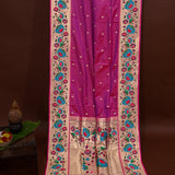 Magenta And Beige Paithani Woven Pure Silk Saree With Teal Lotus Floral Border And Pallu